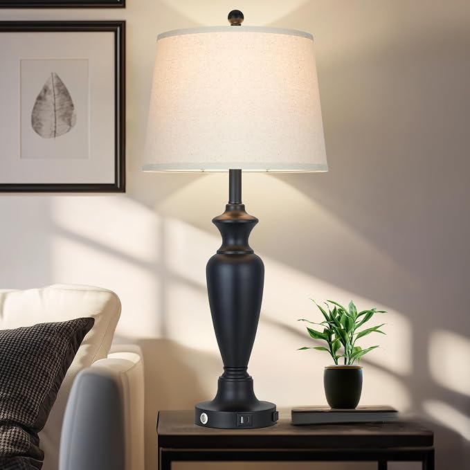 Black Table Lamp for Living Room Single, 30″ Tall Touch Control Bedside Lamp for Bedroom, 3-Way Dimmable Nightstand Lamp with USB A+C Ports and AC Outlet (1 Pack)
