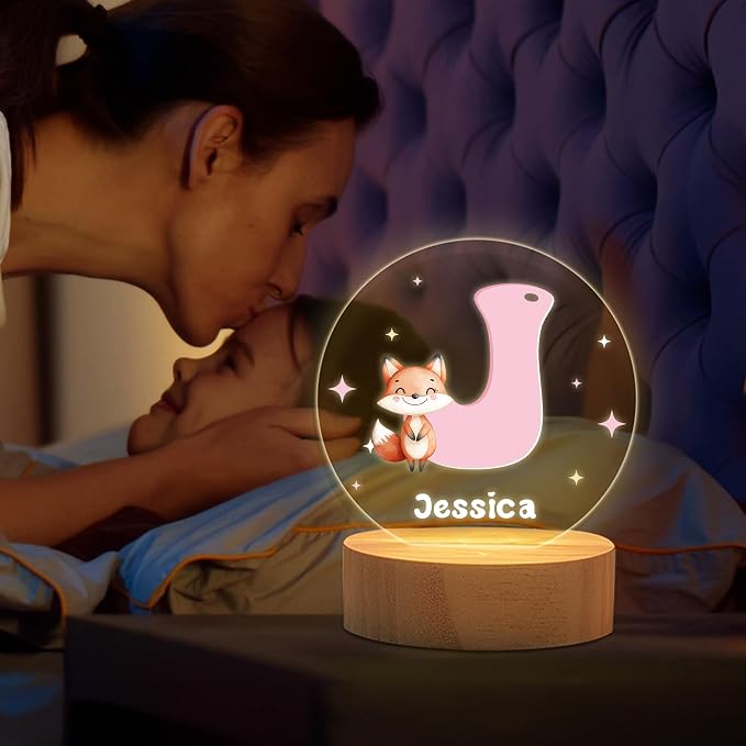 Personalized Cute Cartoon Animals Night Light, Custom Name and Initial Led Light with Wooden Base Nursery Decor Gift for Kids