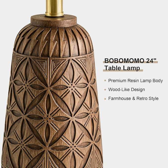 BOBOMOMO 24" Modern Farmhouse Table Lamp, Geometric Hand-Carved Resin Bedside Lamp with Wood Grain Finish, Rustic Nightstand Lamp for Bedroom & Living Room, Cottage Decor, Rotary Switch