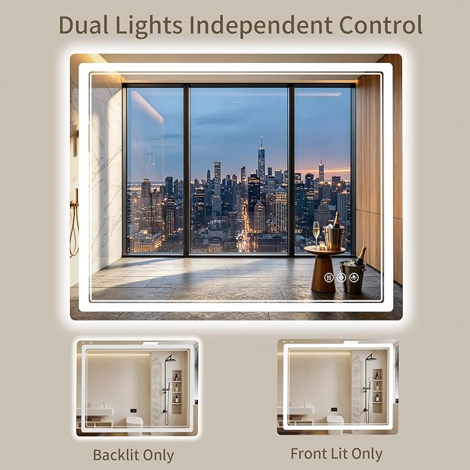 30"x36" LED Bathroom Mirror with Lights, Backlit + Front Lit, Anti-Fog, Lighted Bathroom Mirror for Wall, HD Shatterproof Tempered Glass, Dimmable, Memory Function (Horizontal/Vertical)