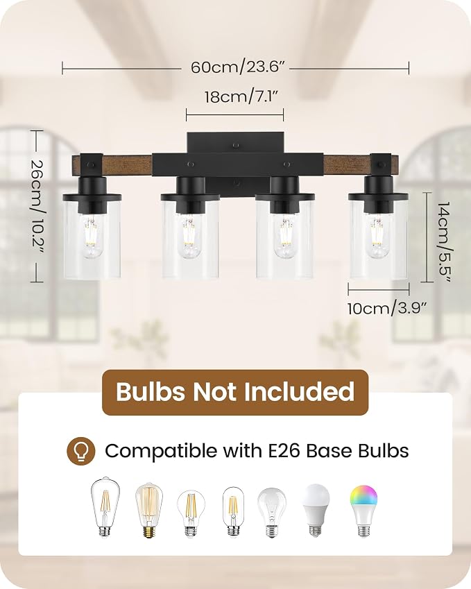 4-Light Bathroom Light Fixture, Farmhouse Vanity Lights for Bathroom with Glass Shade, Rustic Bathroom Light Fixtures, E26 Base F09BD05
