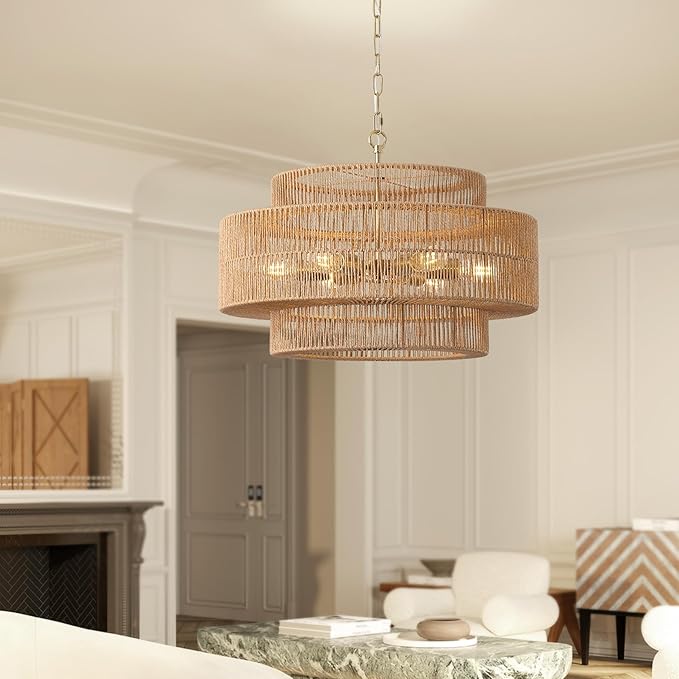 23.6"Large Boho Rattan Farmhouse Chandeliers for Dining Room,6-Light Rattan Hand-Woven Rustic Drum Chandelier Pendant Light Fixture for Kitchen Island Bedroom Living Room Entryway Foyer(Brown)