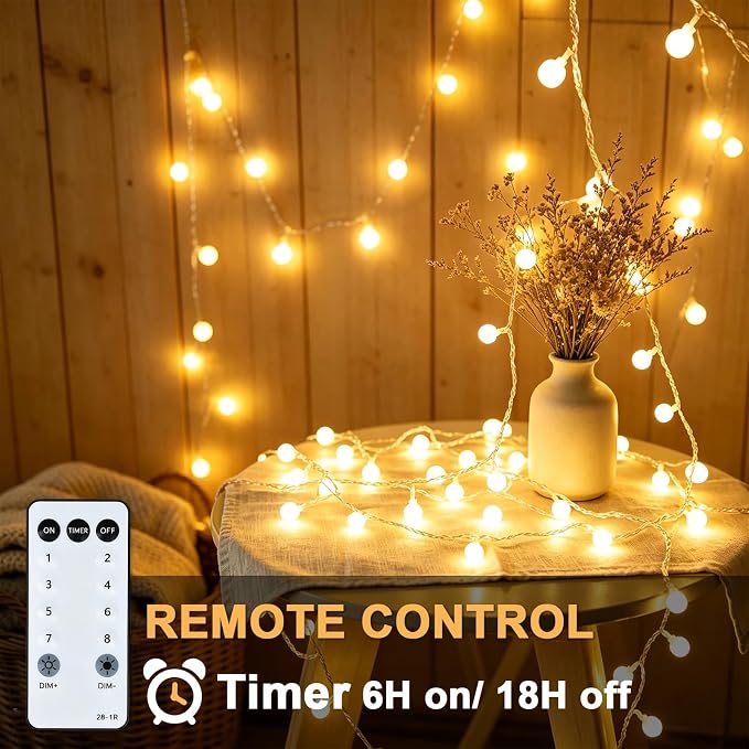 33FT 100LED Globe String Lights, Waterproof 8 Modes Hanging Fairy Lights Plug with Remote for Patio Garden Holiday Tree Yard Party Wedding Indoor Outdoor Decor, Warm White
