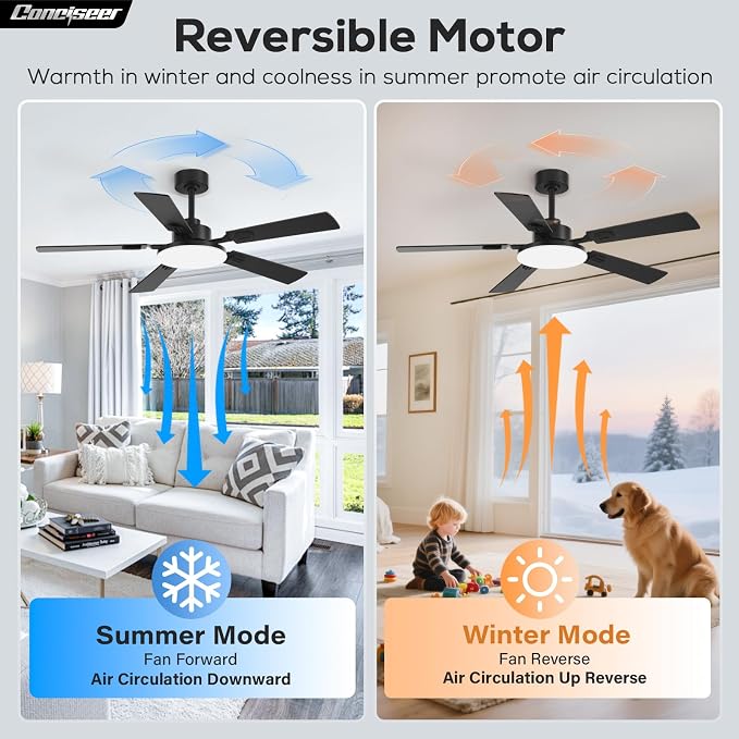 60 Inch Ceiling Fans with Lights and Remote, Bedroom Living Room Office Library Cafe Outdoor Industrial, 5CCT Dimmable, Dual Color 5 Blades, 6 Speed Reversible Quiet DC Motor, Black/Wood Grain