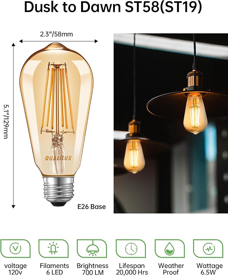 Dusk to Dawn Edison Light Bulbs ST19, Vintage Amber Glass, 2300K Amber Warm, 6.5W=60W, Non-Dimmable Auto On/Off Light Sensing LED Filament Bulb Outdoor, 700LM, E26, 2-Pack, HQ-H027
