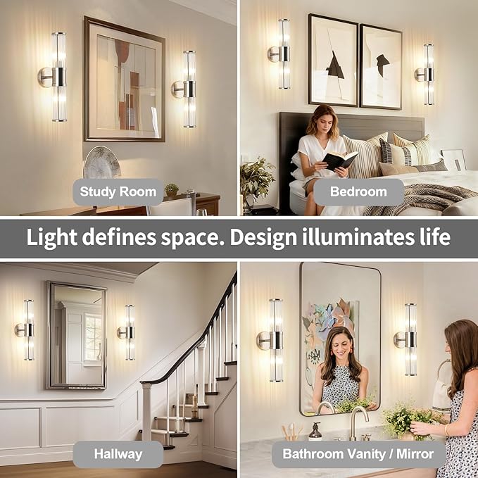 Dual Sconce Vanity Set, Brushed Nickel Wall Light with Clear Glass Rods Shape, Industrial Vanity Lighting for Bathroom Mirror and Modern Bedroom