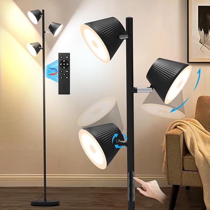 LED Tree Floor Lamp, 42W 4500lm Dimmable Standing Lamp with Remote & Touch Control, Modern Super Bright 3 Rotatable LED Light Floor Lamps for Living Room, Bedroom, Office, Reading Room