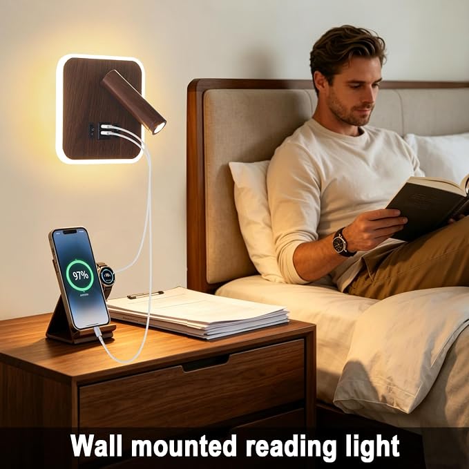 Plug in Wall Sconce with Wall Mounted Reading Lights with Switch | Wall Lamp for Bedroom with Charging Station USB C+A Ports,Bunk Bed Lights with 3W+9W Night Light,Walnut Color Reading Light