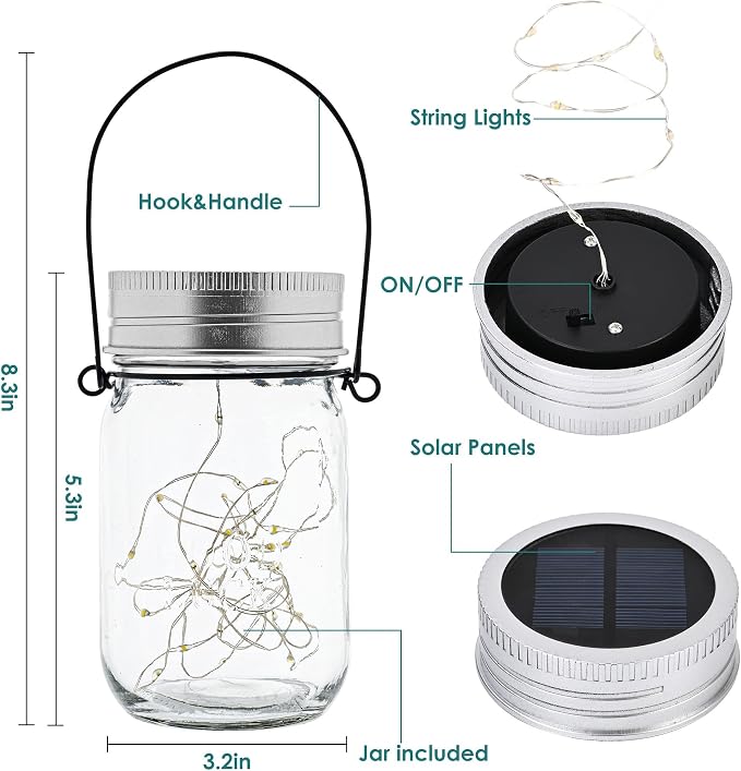 GIGALUMI Hanging Mason Jar Solar Lights 6 Pack for Halloween Decorations | Hanging Solar Lanterns Waterproof, 30 Led Hangers and Jars Included, Outdoor Decor for Porch, Pathway, Yard, Halloween Party