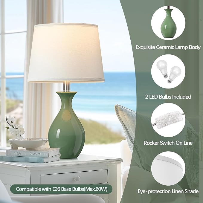 Table Lamp Set of 2, Modern Ceramic Bedside Lamps for Night Stands, Classic Small Lamp Nightstand Lamp for Bedroom Living Room Desk End Table Rocker Swtich Sage Green