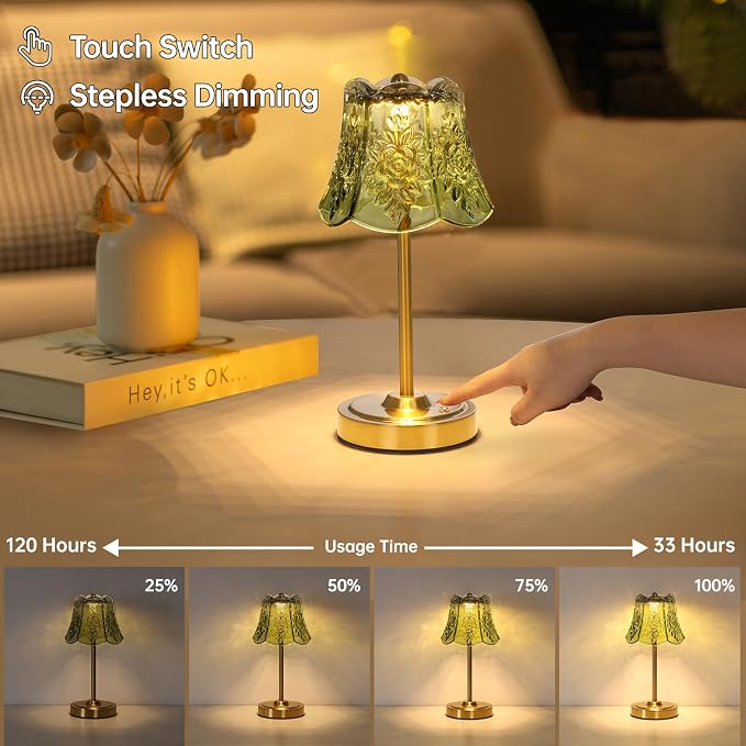 Shenmoyl Set of 2 Cordless Touch Table Lamp with 5200mAh Battery - 3 Adjustable Color Temperatures & Dimmable, Rechargeable Lamp for Bedsides, Living Room, Entryway, Bookshelves (Green Rose)