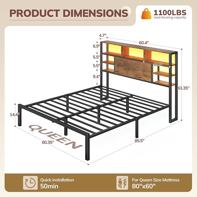 Homkdom Queen Bed Frame with Storage Headboard and Charging Station,Brown | LED Lights，12.2" Under-Bed Storage，Supports up to 1100 LBS，No Box Spring Needed，Noise-Free,Easy Assembly