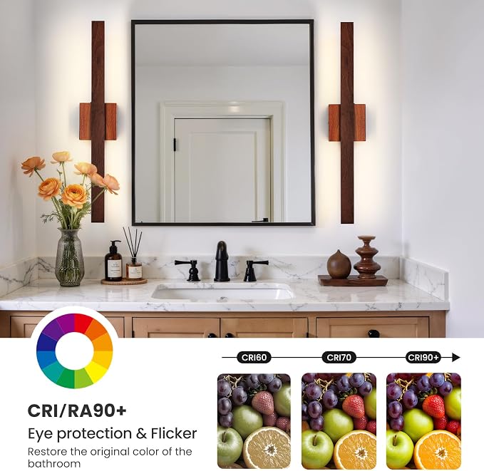 Modern Bathroom Light Fixtures Over Mirror, 24 Inch Brown Wood Finish Vanity Light Bar 20W Dimmable 5CCT LED Vanity Lights for Bathroom Wall Lighting Fixtures Over Mirror