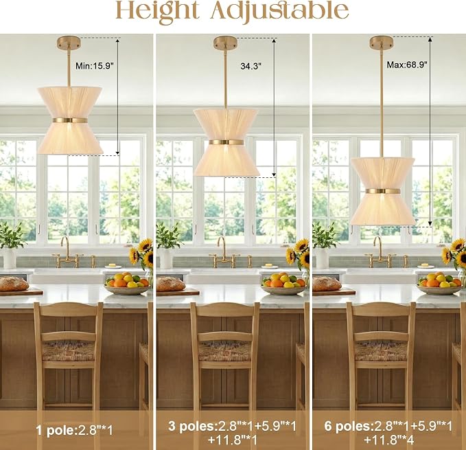 Pendant Kitchen Island Lights,12.2” Rattan Pendant Light for Dining Room | Handwoven Natural Rope Shade, Small Boho Chandelier for Kitchen Dining Room, Gold Metal Finish, Adjustable Hanging Height
