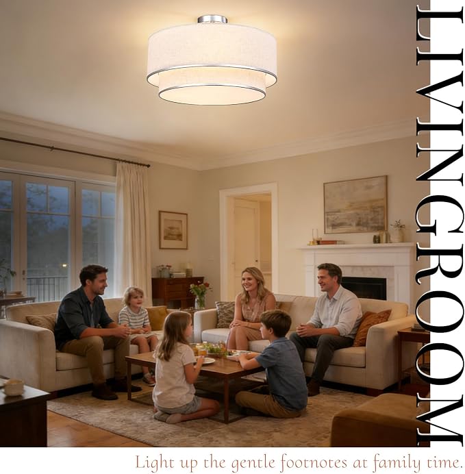 Hamilyeah 20 Inch Semi Flush Mount Ceiling Light, Dual Drum Fabric Shade Ceiling Light Fixture with Silver Metal Trim, Modern Ceiling Lamp for Bedroom, Living Room, Dining Room, Kitchen, Hallway