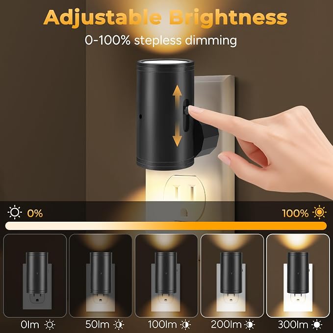 Motion Sensor LED Night Light Plug in,5-300lm Adjustable Brightness,2 Pack | Dusk to Dawn Sensor,Dimmable,Soft White 3000K,for Bedroom,Bathroom,Stairs,Hallway