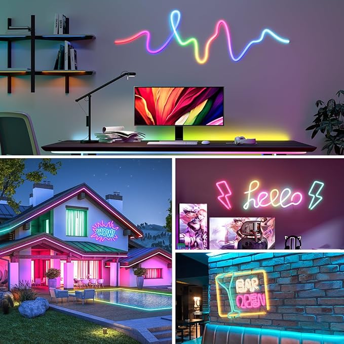 BTF-LIGHTING 3.2FT WS2811 WS2812B IC RGB DC5V 360 Degree Round Reticulate Chasing Color Neon LED Strip Kit Bluetooth Controller Flexible Silicone IP67 Waterproof Rope Light for Home Decor(No Adapter)