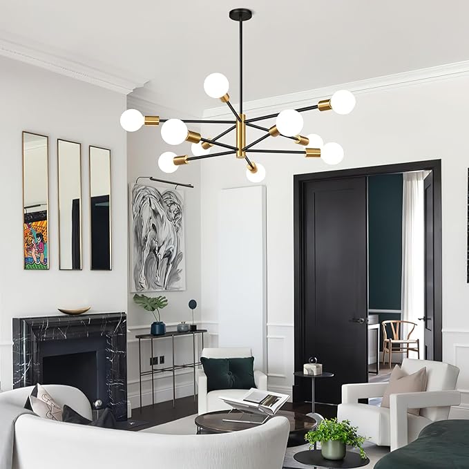 32" Modern Chandelier Ceiling Light Fixture, 10-Light Sputnik Chandeliers Brushed Gold and Black Dining Room Light Fixture, Height Adjustable Chandeliers for Dining Room Living (Bulbs Not Included)