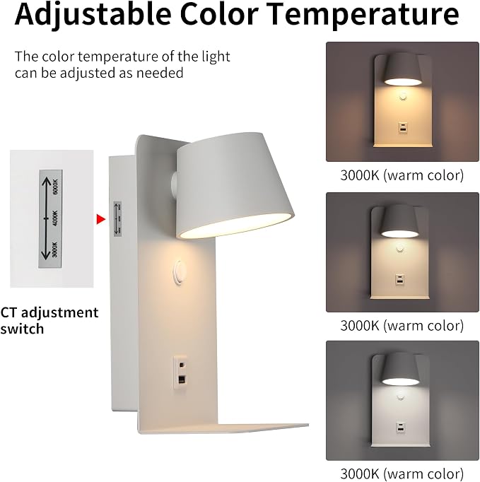 DEC LUCE DECOLUCE LIGHTING Modern LED Plug in Wall Sconce, Dimmable Wireless Wall Light Fixtures with Shelf and USB Port, 6W,600LM, Rotatable Small Reading Wall Lamp for Bedroom Bedside, White