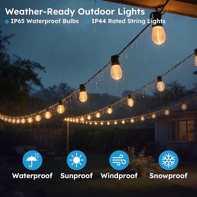 GvvooHome 100FT S11 LED Outdoor String Lights with App & Remote, Low-Voltage Patio Lights with Music Sync, 4 Lighting Modes, Dimmable, Waterproof LED Lights for Backyard, Porch, Garden, Deck, Party