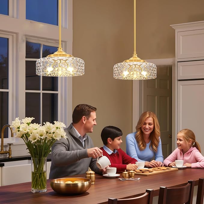 Vintage Pendant Light, Brushed Gold Pendant Lights Kitchen Island with Hammered Glass Shade, Hanging Ceiling Penant Lighting Fixtures with Adjustable Rods for Bathroom, Dining Room, Entryway, E12*3