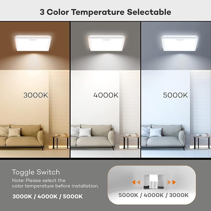 Annaror 2Pack 12in Motion Sensor Ceiling Light Wired with 3 Timer White | 3000K 4000K 5000K Selectable，24W 2400LM Flush Mount Square Motion Ceiling Light for Closet Porch Stairs Hallway , Auto/ON/G