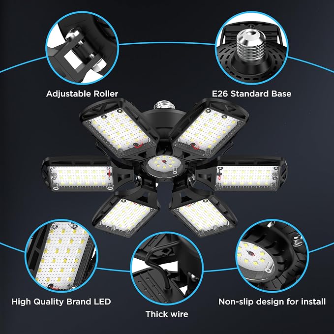 LED Garage Lights 2 Pack, 18000LM 180W Deformable Shop Light with 6+1 Adjustable Panels, 6500K Daylight White Ceiling Light for E26 Base, Ideal for Garage/Basement/Barn