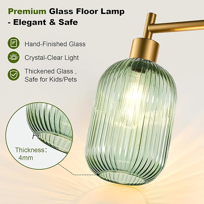 【Upgraded】 Dimmable Floor Lamp for Living Room with Green Ribbed Glass Lampshade, Gold Modern Floor Lamp with 900LM LED Bulb Included, Arc Standing Tall Lamp for Bedroom, Office, Reading Room, Corner
