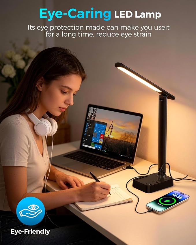 LED Desk Lamp with Power Strip, 3 AC Outlets, 4 USB Ports, Stepless Dimming | 2800K-6500K Color, 2 USB-C, Foldable Design, Timer & Memory, Study, Home Office & College Dorm