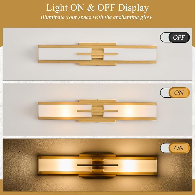 VitaLink Gold Vanity Light, 24” Modern Bathroom Wall Light Over Vanity Mirror 2-Light Hardwired Milky White Glass Wall Light for Bedroom Living Room Dining Room Hallway