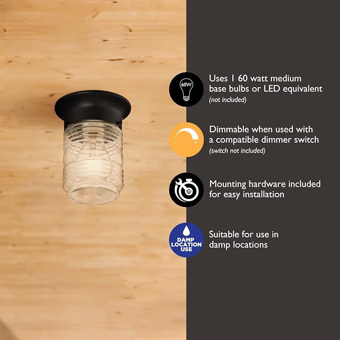 Design House 2-Pack Jelly Jar 1-Light Indoor/Outdoor Flush Mount Ceiling Light, Black, 587576 | Ceiling Mount, Rustic, Steel, 2-Pack, Lighting, 587576