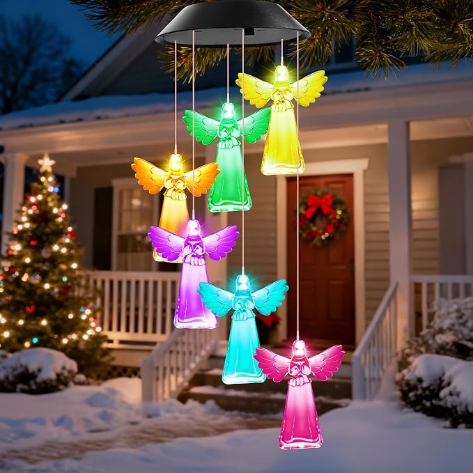 Winzwon Angel Solar Wind Chimes for Outside, Memorial Garden Decorations | Christian Gifts for Women, Mom, Grandma, Sister, Memorial Gifts for Loss of Loved One, Solar Lights Outdoor Yard Decor