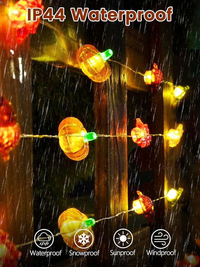 2 Pack 30 LED Fall Decorations, String Lights Battery Operated with Remote | 20FT 3D Pumpkin Acorn Maple Leaf Fairy Twinkle Lights Timer, Waterproof Outdoor Autumn Harvest, Thanksgiving, Halloween Decor