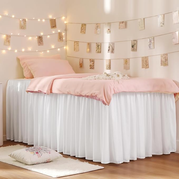 RIMELA Dorm Bed Skirt Twin XL 22 Inch Drop, Extra Long Wrap Around Elastic Bed Skirts Easy to Put On Twin Size Dust Ruffle, White Bedskirt for Adjustable Bed Base Solid Silky Fabric Machine Washable