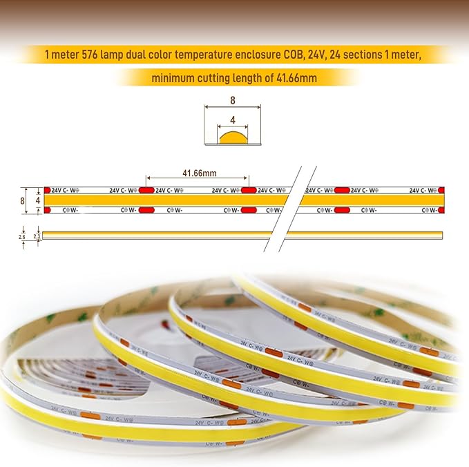 Pandery COB LED Strip Light,CCT Dimmable Strips Light,2700K-6500K,24ft/7.5m,8mm Wide,CRI90+ 24V LED Strips Kit with Bluetooth APP Control/Music Mode,for Bedroom,Kitchen,DIY Lighting