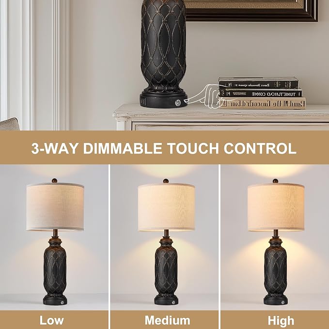 Black Farmhouse Lamps for Living Room Set of 2, 28" Bedroom Lamps Set of 2 with USB Ports, Dimmable Bedside Lamps Nightstand Lamps
