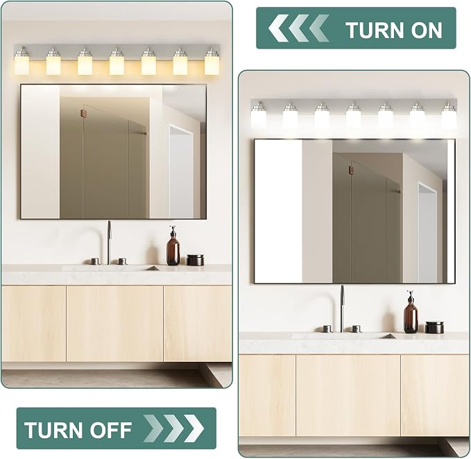 IZORRO Bathroom Vanity Light Fixture, 7-Light 52 inch Brushed Nickel Bathroom Light Fixtures Over Mirror, with White Glass Shade, Modern Farmhouse Vanity Lights, Rustic Restroom Lighting Fixtures