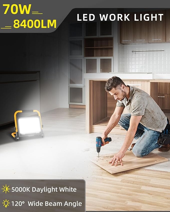 8400LM LED Work Light with 16FT Cord & Switch, IP66 for Garage Workshop | 70W Flood Light Outdoor, Portable Job Site Lighting with Stand, 5000K Daylight Worklight for Construction Car Repairing