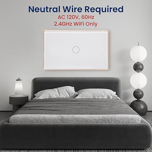 WiFi Energy Monitoring Smart Light Switch,Single Pole 1-Button,Neutral Wire Required,2.4GHz,Compatible with Alexa,Tuya/Smart Life App,Single-Gang,Aluminum Frame 2.5D Glass Panel,White