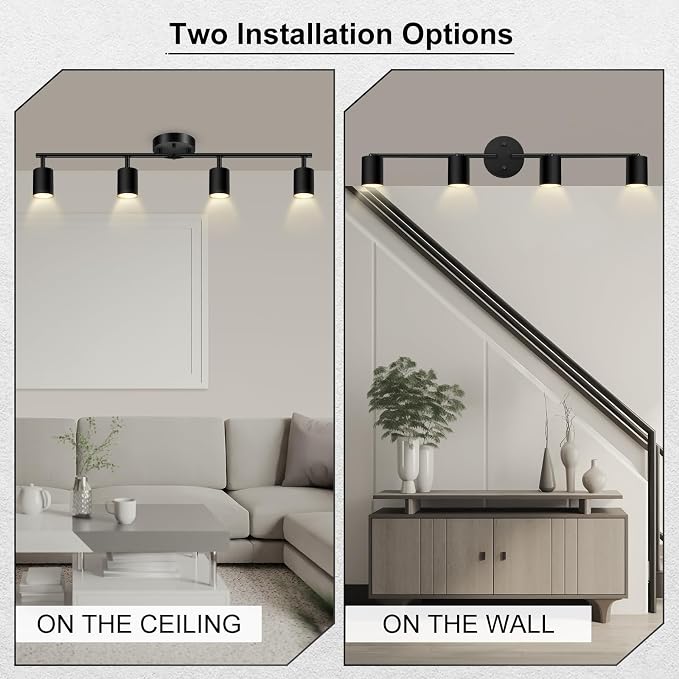 AUQUEE 4 Light Track Lighting Fixtures Ceiling, Black Kichen Track Lighting Fixtures with Rotatable Light Heads, Foldable Lamp Arms, Modern LED Track Lights for Kitchen/Hallway, No GU10 Bulb
