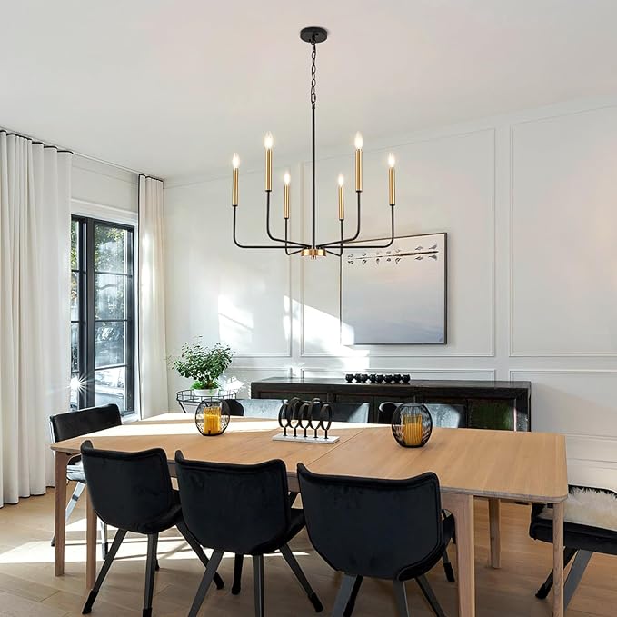 Modern Black and Gold Chandelier for Dining Room,Metal 6-Light Kitchen Light Fixtures,Farmhouse Candle Hanging Pendant Lights for Living Room Entryway Foyer Bedroom (Bulb Not Included)