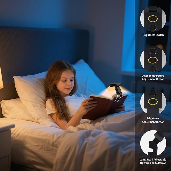 Book Light,USB Rechargeable Clip-On Reading Light,30 Adjustable Modes,Eye-Caring with Timer,Perfect for Book Lovers/Travel(Black, Rectangle)