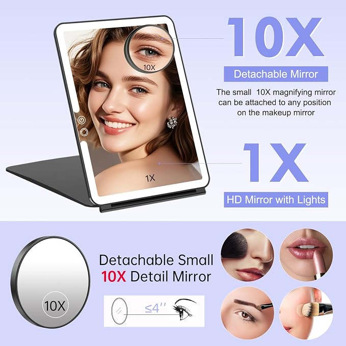 FUNTOUCH 2500mAh 10x7.5 Portable Large Travel Makeup Mirror with Light | Rechargeable Lighted Travel Makeup Mirror with 3 Color Lights,Dimmable Folding Light Up Make up Mirror with Small 10x Mirror