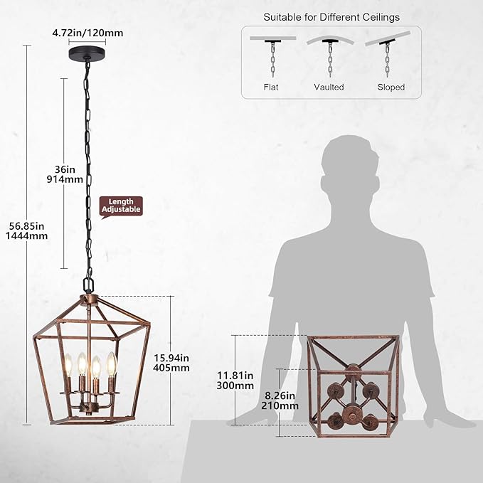 Chandelier for Dining Room, 4-Light Rustic Chandelier Fixtures, Vintage Ceiling Light with Adjustable Height, Antique Bronze Geometric Hanging Light for Bedroom, Foyer, Kitchen, Living Room, Entryway