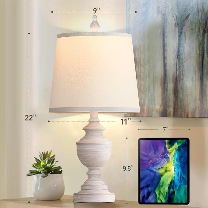 Retro Table Lamps Set of 2, Bedside Lamp for Bedroom Rustic Farmhouse Table Lamps for Living Room, 22" Vintage Nightstand Lamps with White Shades, White