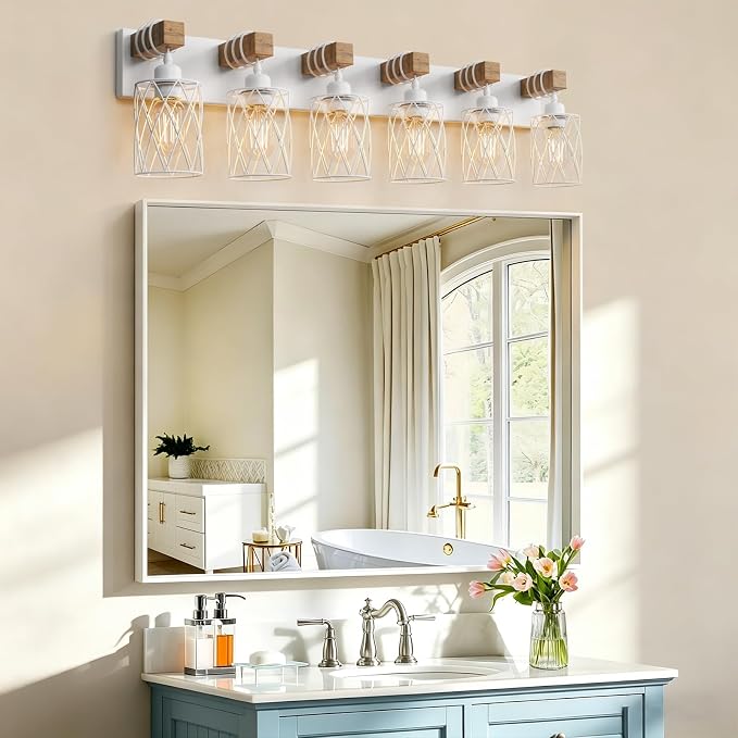IZORRO Farmhouse Bathroom Vanity Light, 6-Light Wood Bathroom Light Fixtures Over Mirror, Matte White Industrial Vanity Lights with Metal Shade, Rustic Restroom Lighting Fixtures