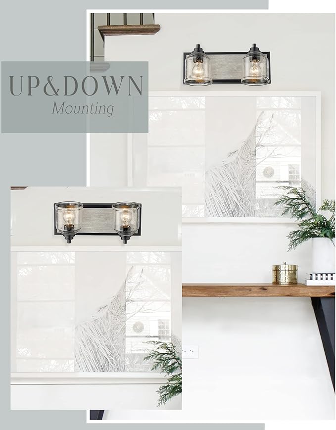 Vanity Lights for Bathroom Large 15.8", Farmhouse Rustic Vanity Light with Bubble Glass Shades, Gray 2 Light Bathroom Lighting Fixtures Over Mirror, Bath Wall Sconce Home Decor