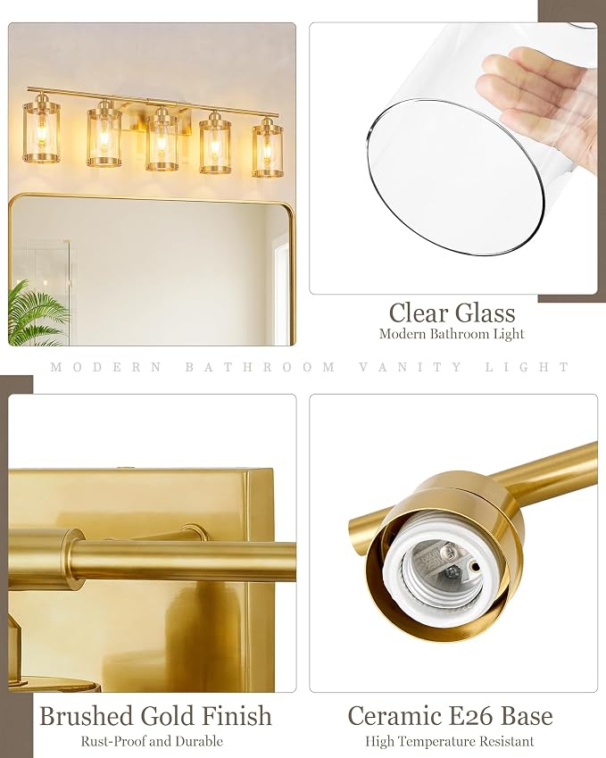 5-Light Brushed Gold Bathroom Light Fixtures Over Mirror with Clear Glass and Metal Cage Shade, 38" UL-Listed Modern Farmhouse Wall Sconce for Bath, Hardwire E26, OS-3014BG-5W