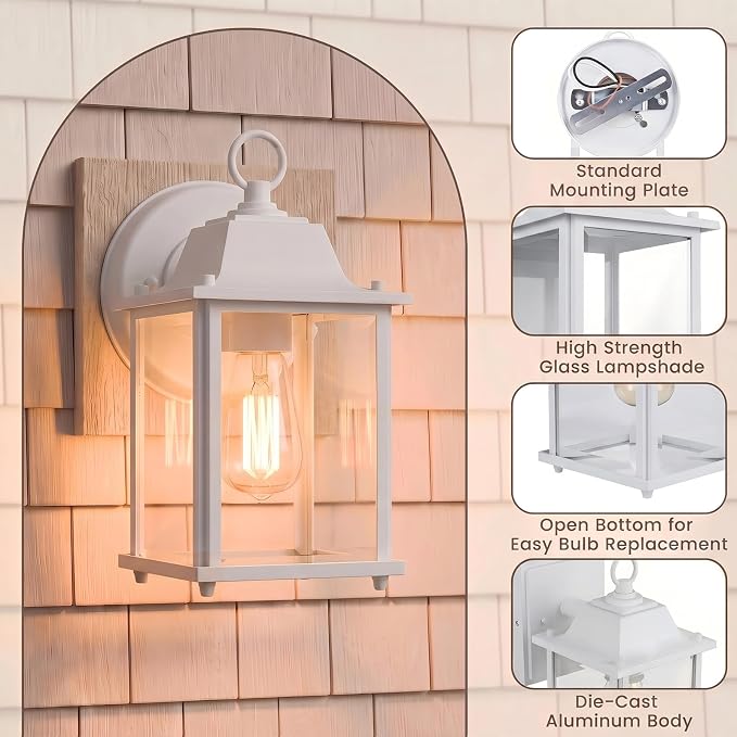 Outdoor Light Fixture, Classic Die-Cast Aluminum & Tempered Glass Porch Light for House, E26 Base (60W Max) Waterproof Wall Lantern for Front Door Garage Garden, ETL Qualified, White, 1 Pack