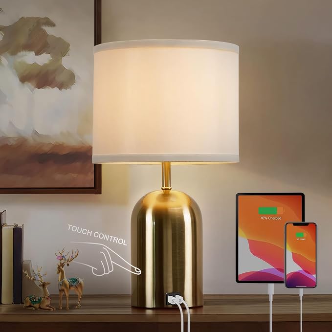 Bedside Lamp with USB Port, Touch Control Table Lamp for Bedroom, Dimmable Modern Nightstand Lamp with Fabric Shade Gold Base for Living Room, Dorm, Home Office, LED Bulb Included